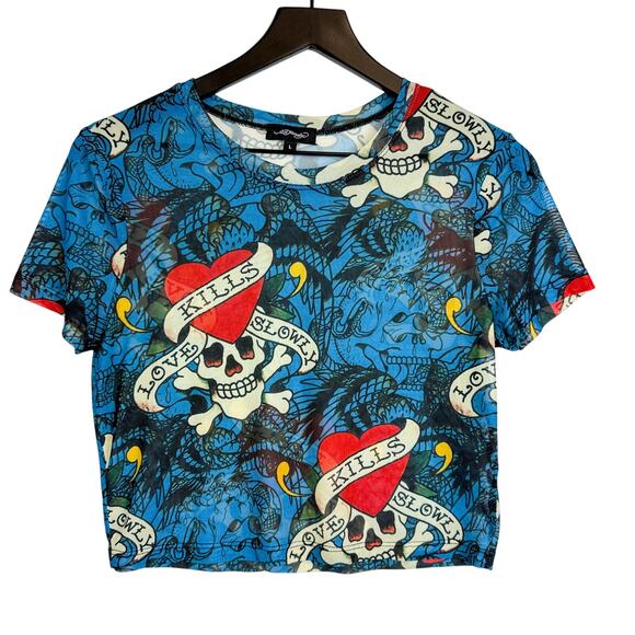 Ed Hardy Womens Mesh Layered LKS Skull Tattoo Cropped Baby Tee Blue - L - Picture 1 of 7